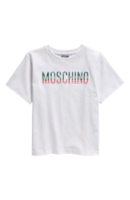 Moschino Kids' Embroidered Logo Maxi T-Shirt in 10101 Optic White