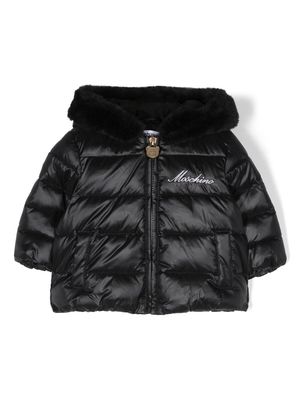 Moschino Kids embroidered-logo padded hooded jacket - Black