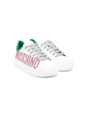 Moschino Kids glitter-logo leather sneakers - White