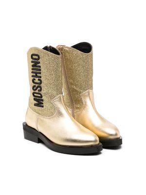Moschino Kids logo-embroidered leather boots - Gold
