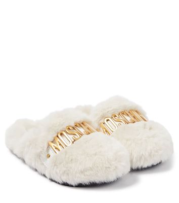 Moschino Kids Logo faux fur slippers