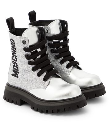 Moschino Kids Logo glitter leather boots