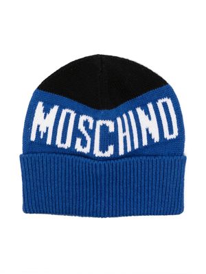 Moschino Kids logo-intarsia ribbed beanie - Blue