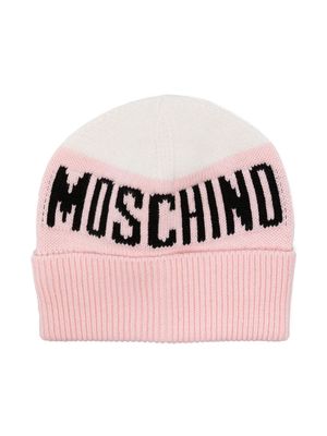 Moschino Kids logo-intarsia ribbed beanie - Pink