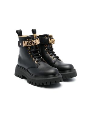 Moschino Kids logo-lettering leather ankle boots - Black
