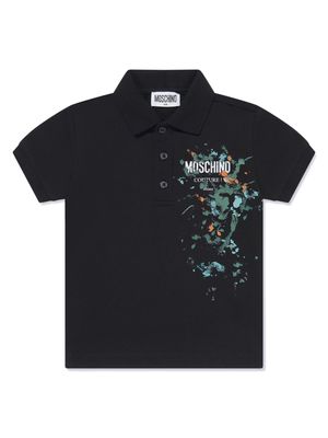 Moschino Kids logo-print paint-splatter cotton polo shirt - Black