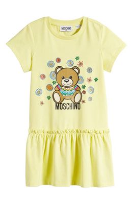 Moschino Kids' Rhinestone Floral & Bear Ruffle Dress in 50230 Lemon