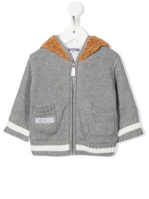 Moschino Kids teddy bear-hood knitted jacket - Grey