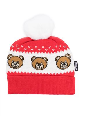 Moschino Kids Teddy-Bear intarsia knitted beanie - Red