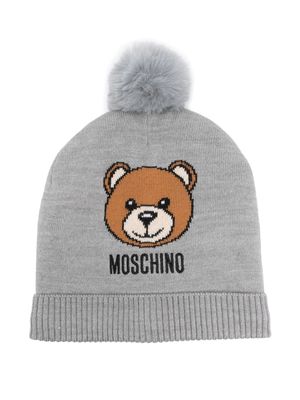 Moschino Kids Teddy Bear-motif pompom beanie - Grey