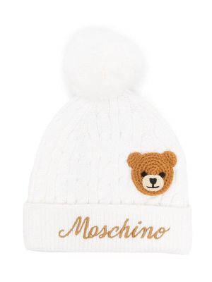 Moschino Kids teddy bear-patch knitted beanie - White