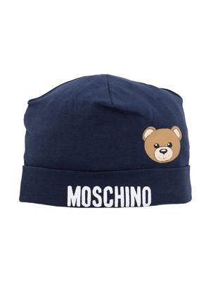 Moschino Kids Teddy Bear-print jersey beanie - Blue