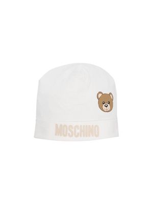Moschino Kids Teddy Bear-print jersey beanie - White