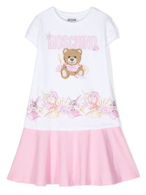 Moschino Kids teddy-print smock dress - White