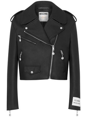 Moschino logo-appliqué leather biker jacket - Black