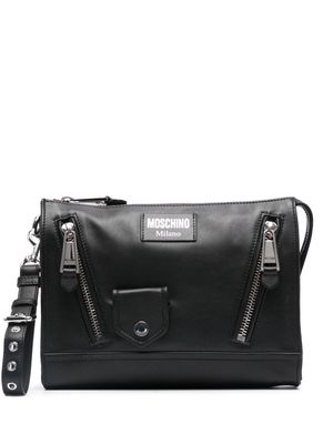 Moschino logo-appliqué leather clutch bag - Black