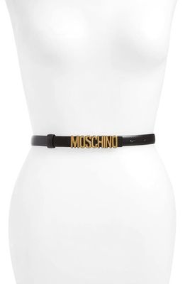 Moschino Logo Calfskin Leather Skinny Belt in Black/Gold