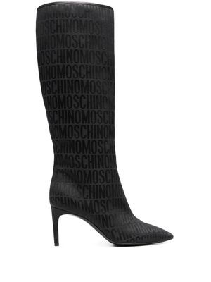 Moschino logo-jacquard 75mm satin knee-boots - Black