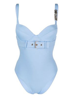 Moschino logo-lettering belted swimsuit - Blue