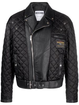 Moschino logo-patch diamond-quilted biker jacket - Black