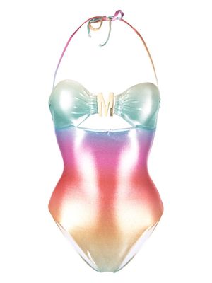 Moschino logo plaque iridescent-effect swimsuit - Orange