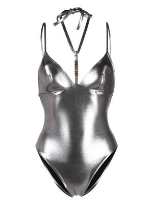 Moschino logo plaque neck-strap swimsuit - 0555 - Nero SILVER
