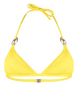 Moschino logo-plaque textured bikini top - Yellow