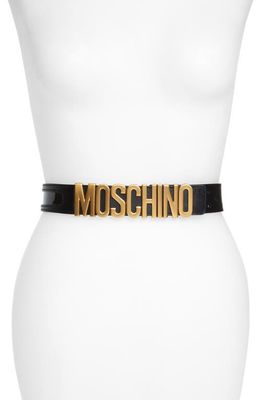 Moschino Logo Plate Inset Belt in Black/Brushed Gold