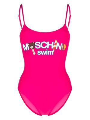 Moschino logo print open back swimsuit - Pink