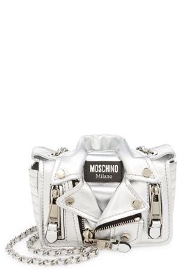 Moschino Mini Biker Metallic Leather Shoulder Bag in A2600 Fantasy Print Nickel