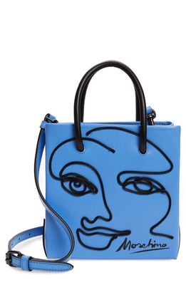 Moschino Mini Face Leather Shopper in Fantasy Print Light Blue