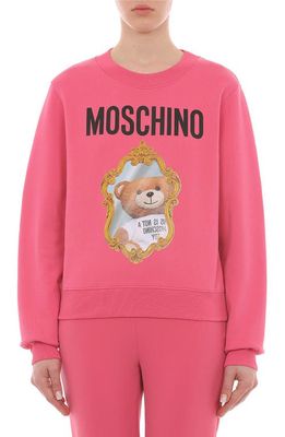 Moschino Mirror Bear Print Organic Cotton Sweatshirt in Fantasy Print Fucsia