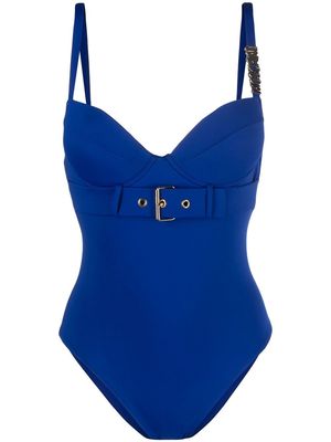 Moschino shoulder-logo belted swimsuit - Blue
