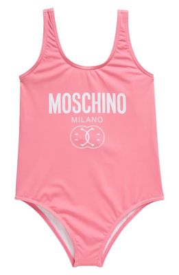Moschino x Smiley Kids' Double Smiley Logo One-Piece Swimsuit in 51047 Candy Pink