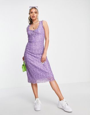 Motel 90s frill bust midi dress in lilac floral mesh-Purple