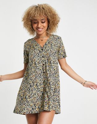 Motel button up mini dress in grunge yellow floral-Multi