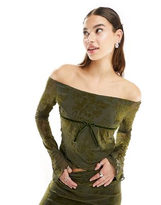 Motel flocked floral long sleeve top in olive green - part of a set