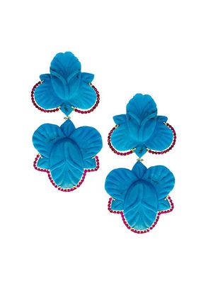 Mother Nature Carved Turquoise & Coral Pavé Orchid Double-Drop Clip-On Earrings