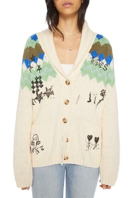 MOTHER The Shawl Collar Graphic Cardigan in Graffiti Country