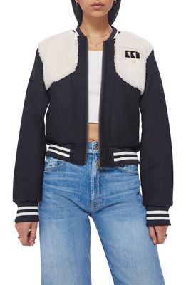 MOTHER Vested Faux Fur Crop Varsity Bomber Jacket in Counting Sheep