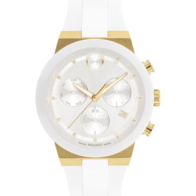 Movado Bold Fusion Chronograph Silicone Strap Watch, 44mm in Gold /White 