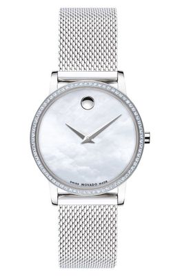 Movado Museum Classic Diamond Bracelet Watch, 28mm in Silver/White Mop/Silver 