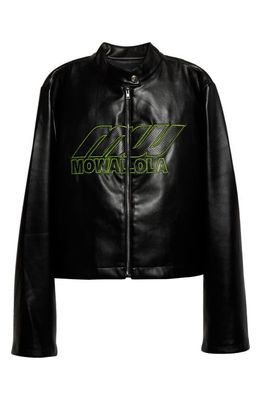 MOWALOLA Perforated Logo Faux Leather Biker Jacket in Black