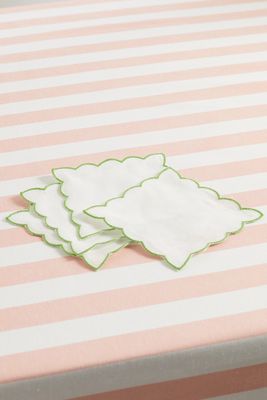 Mrs. Alice - Set Of Four Scalloped Embroidered Linen Cocktail Napkins - Green
