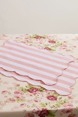 Mrs. Alice - Set Of Two Scalloped Embroidered Striped Cotton Placemats - Pink