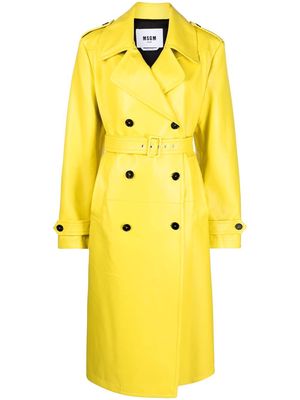 MSGM double-breasted belted faux-leather trench coat - Yellow