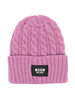 MSGM Kids cable-knit logo-patch beanie - Pink
