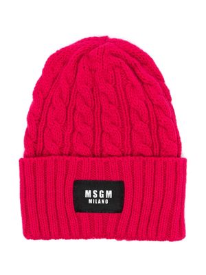 MSGM Kids cable-knit logo-tag beanie - Pink