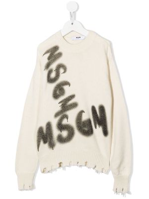MSGM Kids distressed-hem logo-print jumper - Neutrals