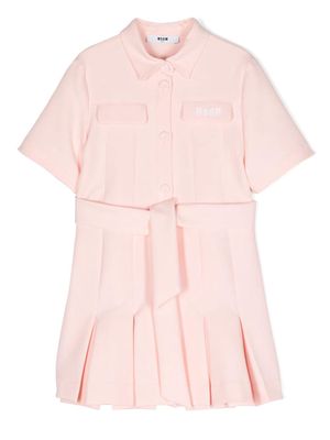MSGM Kids embroidered-logo pleated dress - Pink